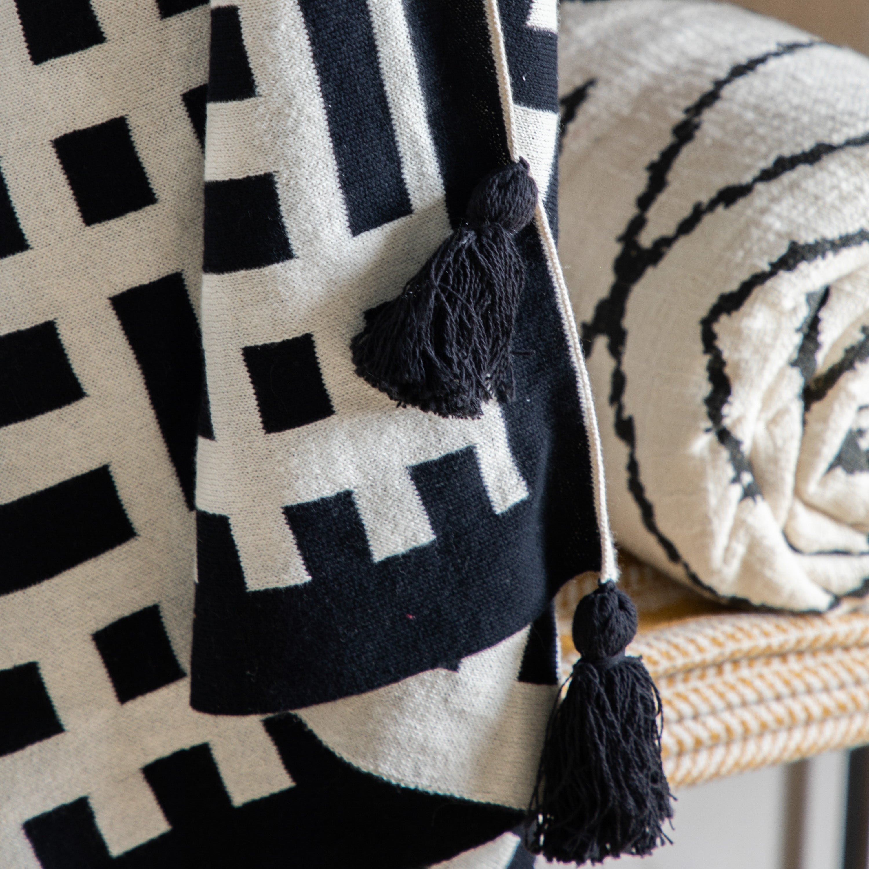 Mayfair Black Aztec Knitted Tassel Throw